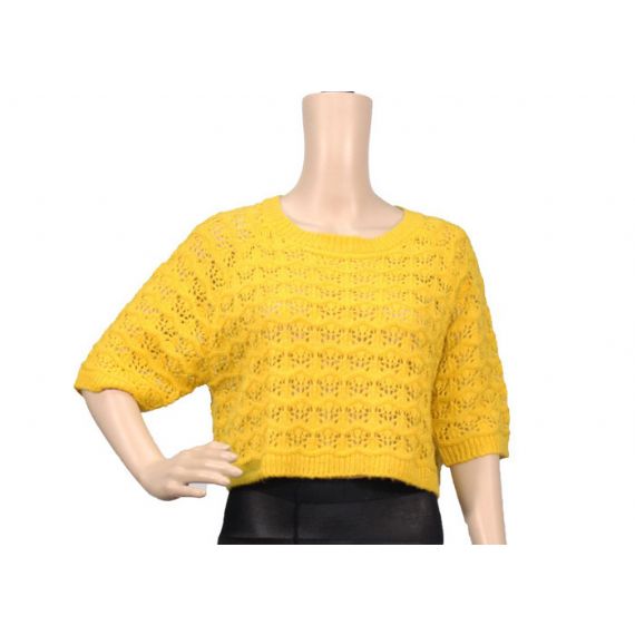 Свободный короткий свитер Книт женщин круглой шеи желтого цвета рукава для весны и осени - 12092359