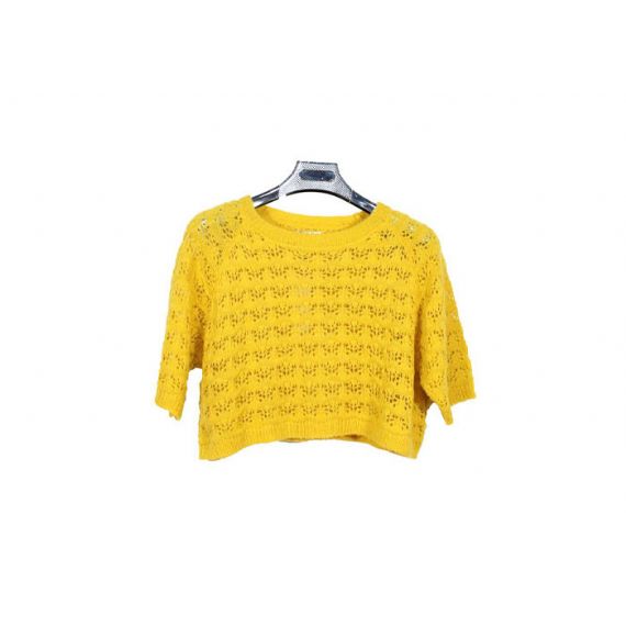 Свободный короткий свитер Книт женщин круглой шеи желтого цвета рукава для весны и осени - 12092359