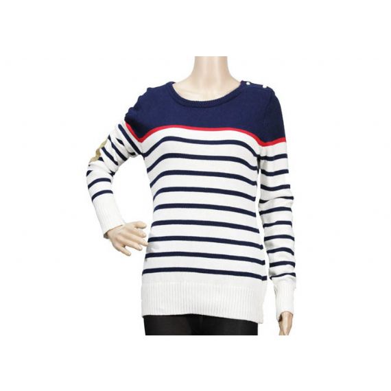 Пуговица шеи экипажа пригонки свитера Книт классических Стрипед женщин тонкая вверх для дам - 12102796