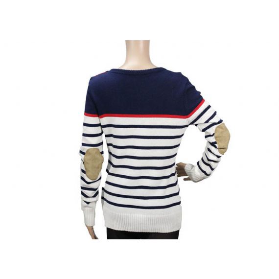 Пуговица шеи экипажа пригонки свитера Книт классических Стрипед женщин тонкая вверх для дам - 12102796