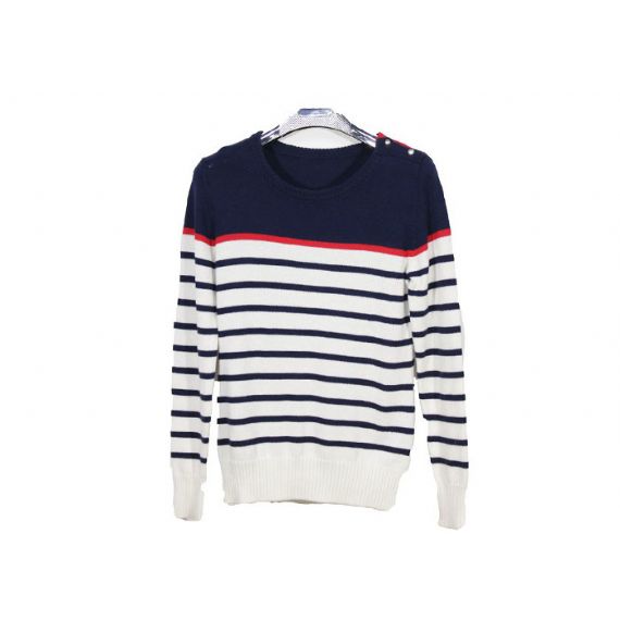 Пуговица шеи экипажа пригонки свитера Книт классических Стрипед женщин тонкая вверх для дам - 12102796