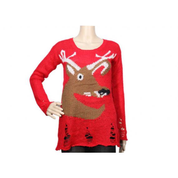 Пуловер рождества картины головы северного оленя свитера Книт красных длинных женщин для весны - 12103934