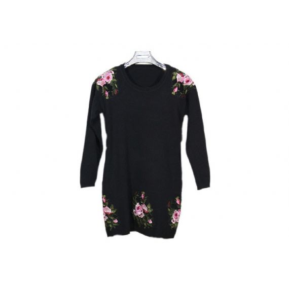 Цвет свитера Книт классических женщин рукава шеи экипажа длинных вышитый черный - 12104262