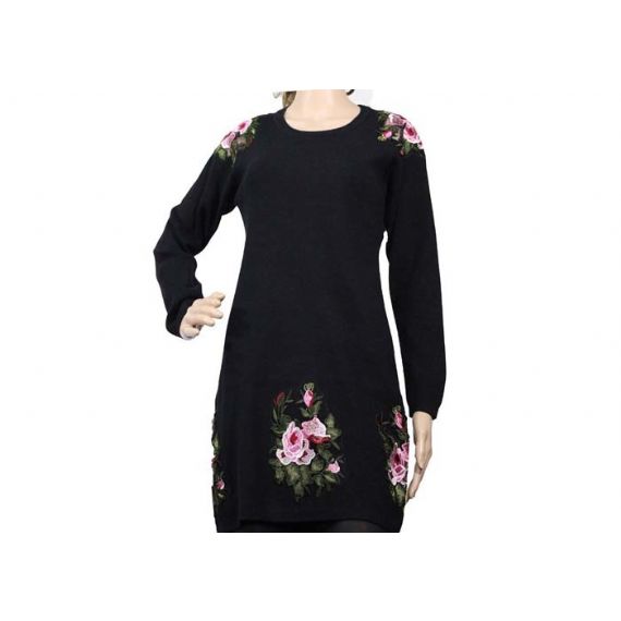 Цвет свитера Книт классических женщин рукава шеи экипажа длинных вышитый черный - 12104262