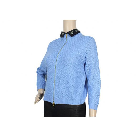 Голубой открытый передний кардиган Аргайл застегивает свитер сплошного цвета для женщин - 12104312