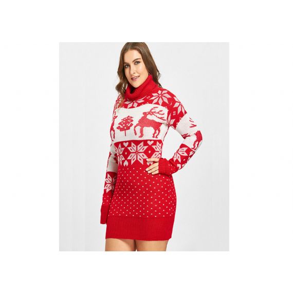 Плюс Размер Красный Черепаха Шеи С Длинным Рукавом Рождественский Свитер Платье Для Девочки - 11153795