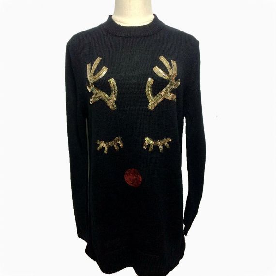 Женский праздничный свитер с пайетками и уродливым рождественским оленем - XW12