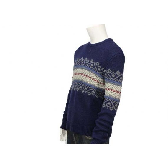 Жаккардовый мужской вязаный свитер Шерстяной темно-синий свитер с круглым вырезом и ребристыми рукавами - 11999035