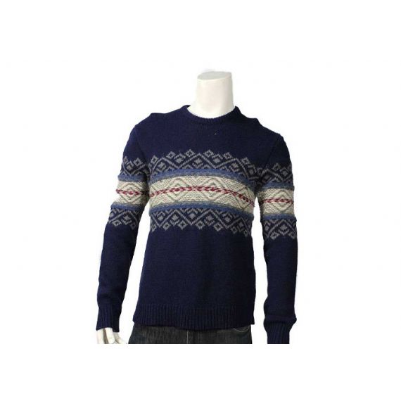 Жаккардовый мужской вязаный свитер Шерстяной темно-синий свитер с круглым вырезом и ребристыми рукавами - 11999035