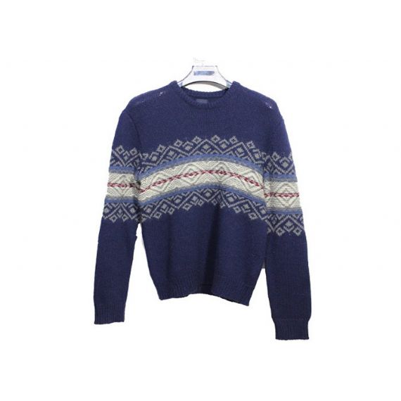 Жаккардовый мужской вязаный свитер Шерстяной темно-синий свитер с круглым вырезом и ребристыми рукавами - 11999035