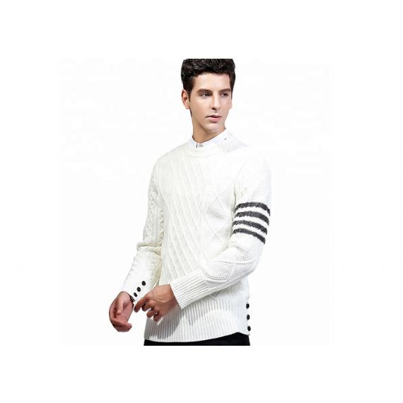 Весна круглый вырез белый вязаный пуловер свитер в полоску с длинным рукавом в рубчик для мужчин - 11202843