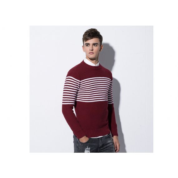 Мужской зимний приталенный свитер с круглым вырезом и хлопковым кабелем в бело-красную полоску - 11202911