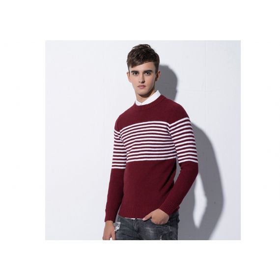 Мужской зимний приталенный свитер с круглым вырезом и хлопковым кабелем в бело-красную полоску - 11202911