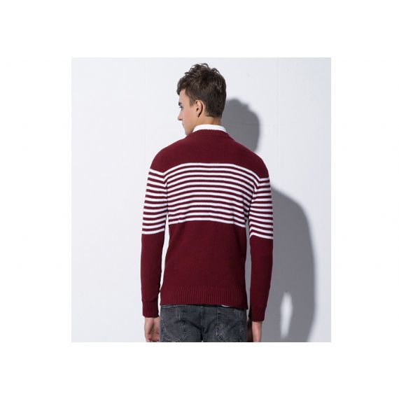 Мужской зимний приталенный свитер с круглым вырезом и хлопковым кабелем в бело-красную полоску - 11202911