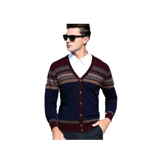 Мужской жаккардовый шерстяной кардиган с v-образным вырезом, свитер, вязаный шерстяной свитер на пуговицах для мужчин - 11202990