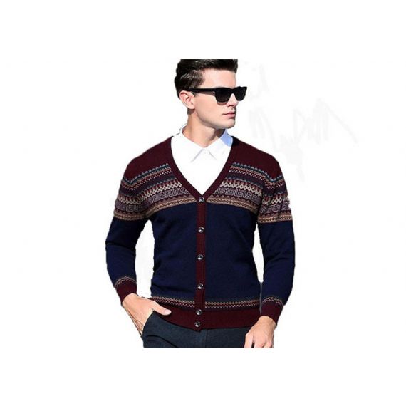 Мужской жаккардовый шерстяной кардиган с v-образным вырезом, свитер, вязаный шерстяной свитер на пуговицах для мужчин - 11202990