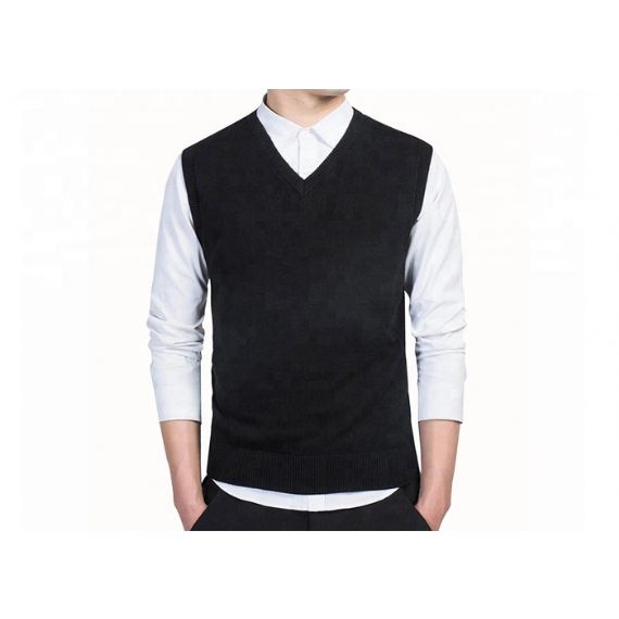 V Шея Офис Вязаный Джерси Шаблон Хлопок Мужская Черный Безрукавный Свитер Жилет - 11613313