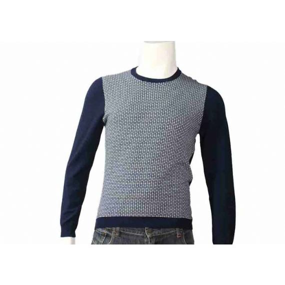 Мужской жаккардовый вязаный зимний темно-синий пуловер с круглым вырезом, свитер из хлопка и полиэстера - 11997616