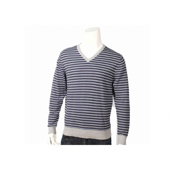 Свитер или свитер V-образного выреза из хлопка с акриловым узором в полоску с рукавом в рубчик - 11999241
