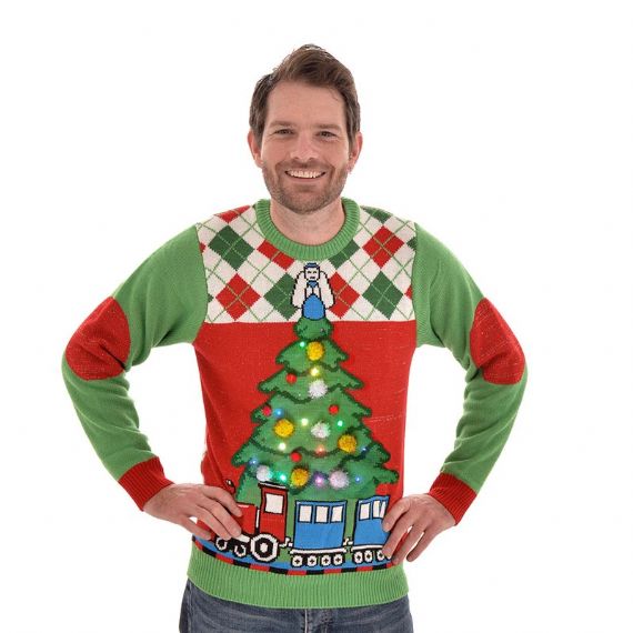 Train Pine Crew Neck Mens Light Up Ugly Christmas Sweater - 11153751