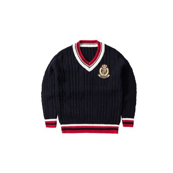 Свитер пуловера детей хлопка свитера платья школы шеи в-шеи толстый связанный кабелем - 11810718